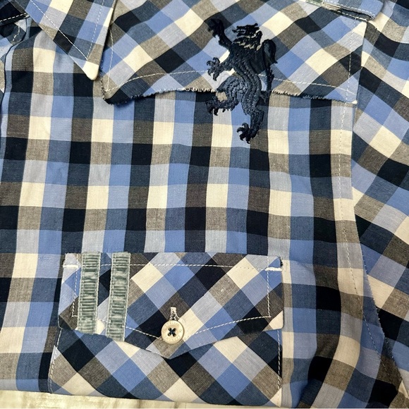 English Army People’s Army Blue Check Button Down Mens Shirt Sz L Hand Stitched - Picture 10 of 13
